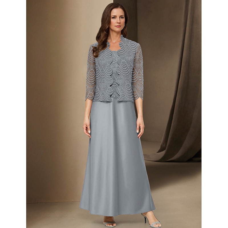 A-Line 3 Piece Mother of the Bride Dress Elegant Simple Casual Boat Neck Ankle Length Satin Long Sleeve with Lace