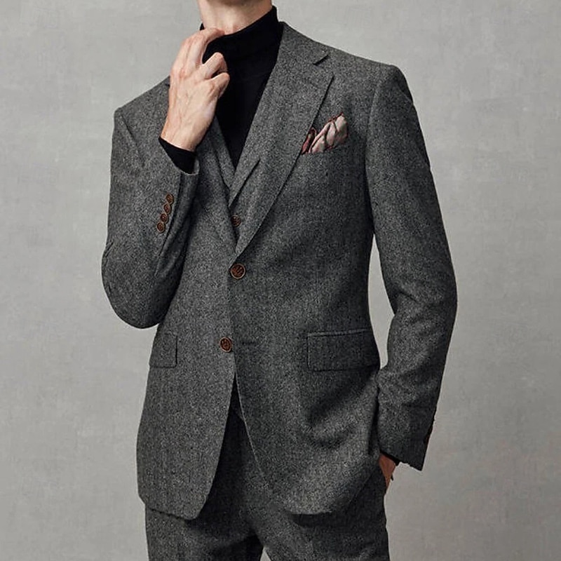 Men's Tweed Suits Wool Business Suits Dark Grey Formal Vintage Solid Colored Standard Fit 2 Piece Single Breasted Two-buttons