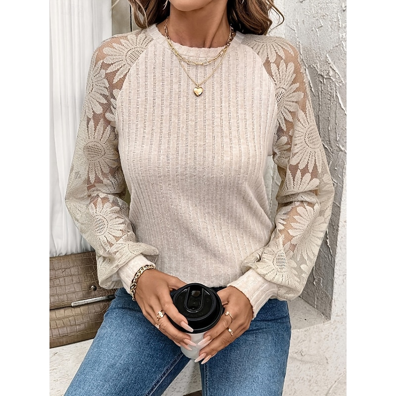 Women's Lace Splicing Top Solid Color Elegant Stylish Casual Long Sleeve Crew Neck Regular Tops Daily Lace Patchwork Apricot Summer Spring - Main Image