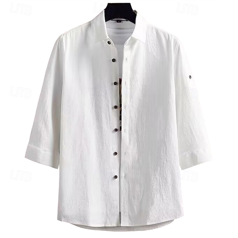 Men's Shirt Linen Shirt Casual Shirt Button Up Shirt Cotton Shirt Plain Vacation Hawaiian White Navy Blue Army Green Dark Gray 3/4 Length Sleeve Lapel Summer Spring Clothing Apparel