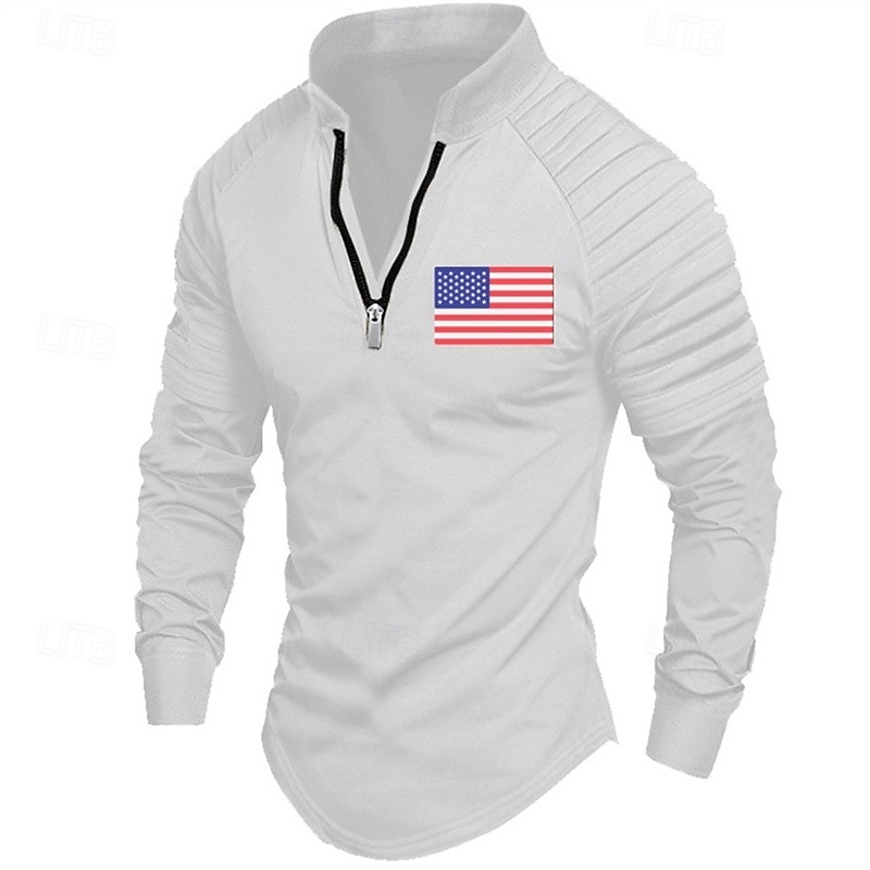 Men's Sweatshirt Quarter Zip Sweatshirt Black White Pink Army Green Navy Blue Half Zip American Flag Patchwork Sports & Outdoor Daily Holiday Polyester Streetwear Basic Casual Spring &  Fall Clothing