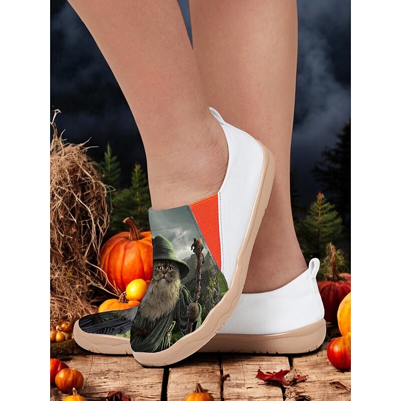 Women's Halloween Cat Print Travel Shoes – Comfortable Slip-On Casual Flats for Walking & Vacation, Lightweight Witch-Themed Footwear for Fall & Holiday Outfits Vincent Hie3