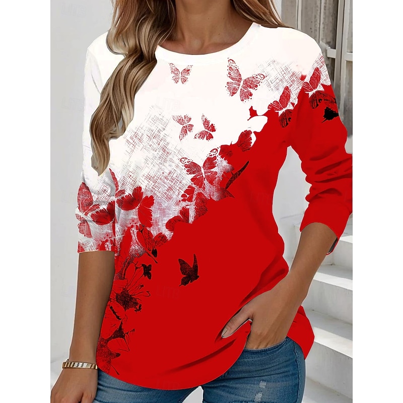 Women's T shirt Long Sleeve Crew Neck Long Sleeve Tunic Floral Elegant Cute Regular Tops Daily Going out Weekend Print Black Red Blue Purple Green Spring Fall Prefall