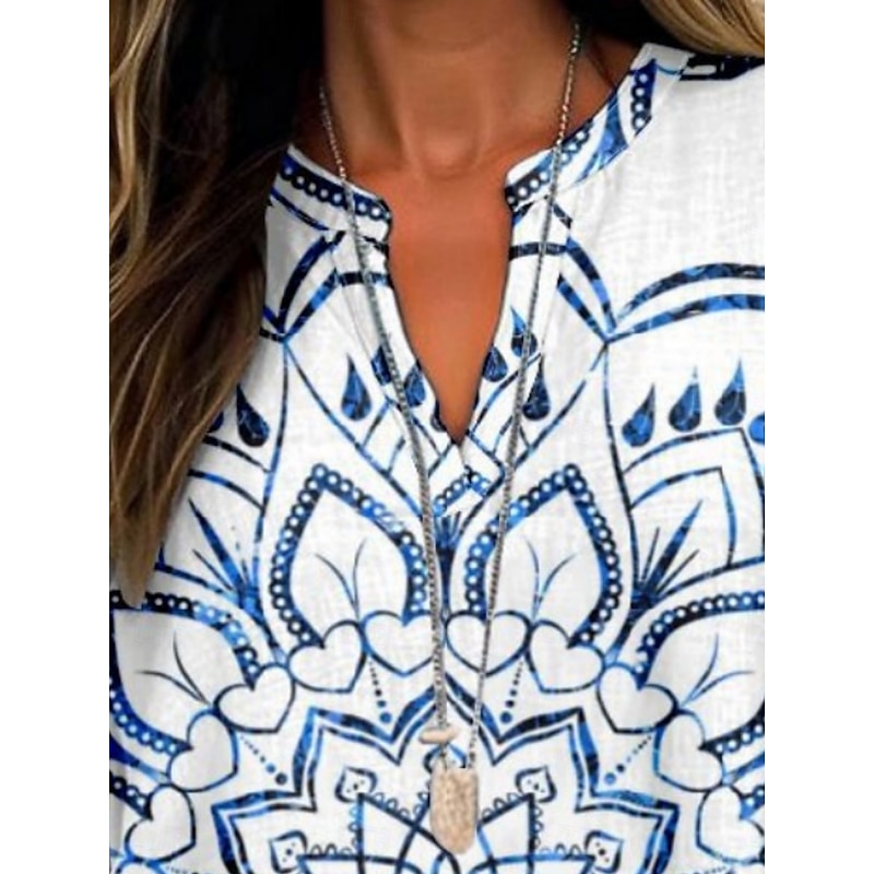 Women's Shirt Floral Stylish Modern Long Sleeve V Neck Regular Tops Daily Holiday Buttons Print White Blue Summer2