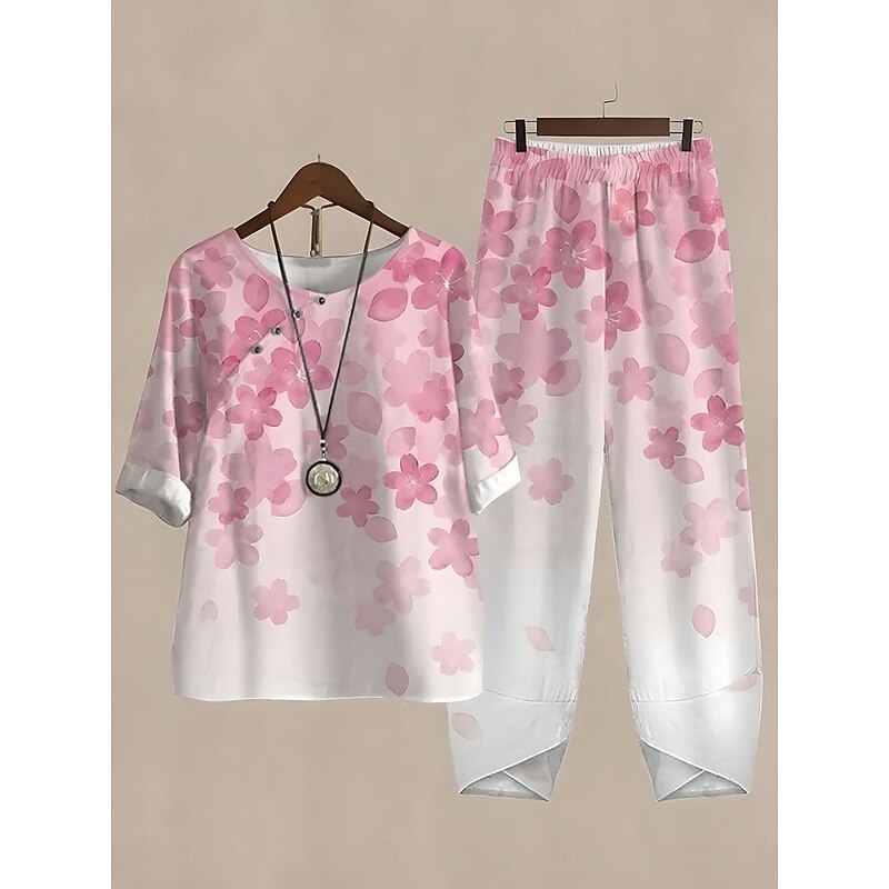 Women's Basic Shirt Pants Sets Half Sleeve Round Neck Floral Graphic Plant Print Outdoor Casual Daily Pink Blue Purple Summer Regular Fit2