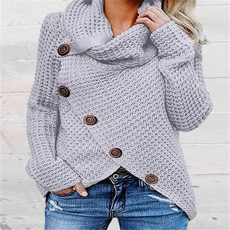 Women's Sweater Casual Solid Color Ribbed Turtleneck Buttons Knitted Long Sleeve Regular Tops Knit Going out Weekend Khaki Gray Fall3