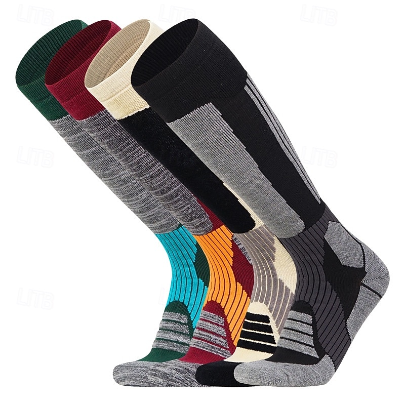 1 Pair Men's Women's merino wool socks Running Socks Sports Socks Thermal Warm Breathable Anti Blister Thick Outdoor Over The Calf Patchwork Merino Wool Yellow Red Green for Ski / Snowboard Running