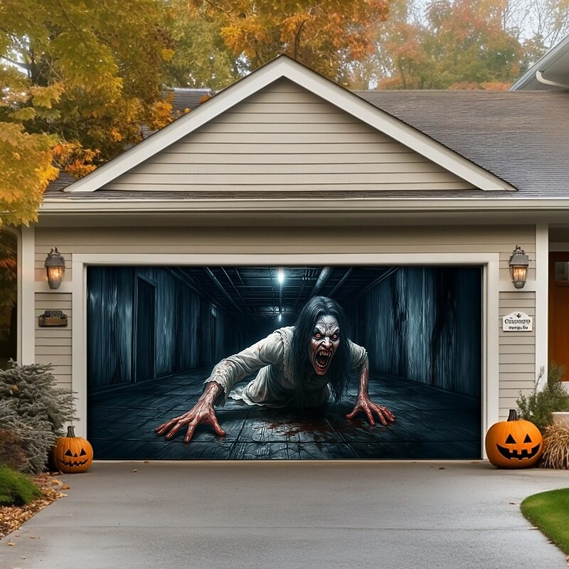 Halloween Garage Door Cover – Creepy Crawling Girl Horror Scene, Scary Outdoor Decoration for 2025 Halloween Home Front Yard3