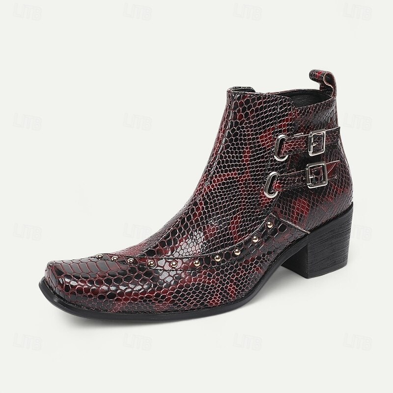 Men's Red Snake Pattern Ankle Boots in Premium Cowhide Gothic Rock Style with Double Buckles for Nightlife Concerts and Motorcycle Outfits2