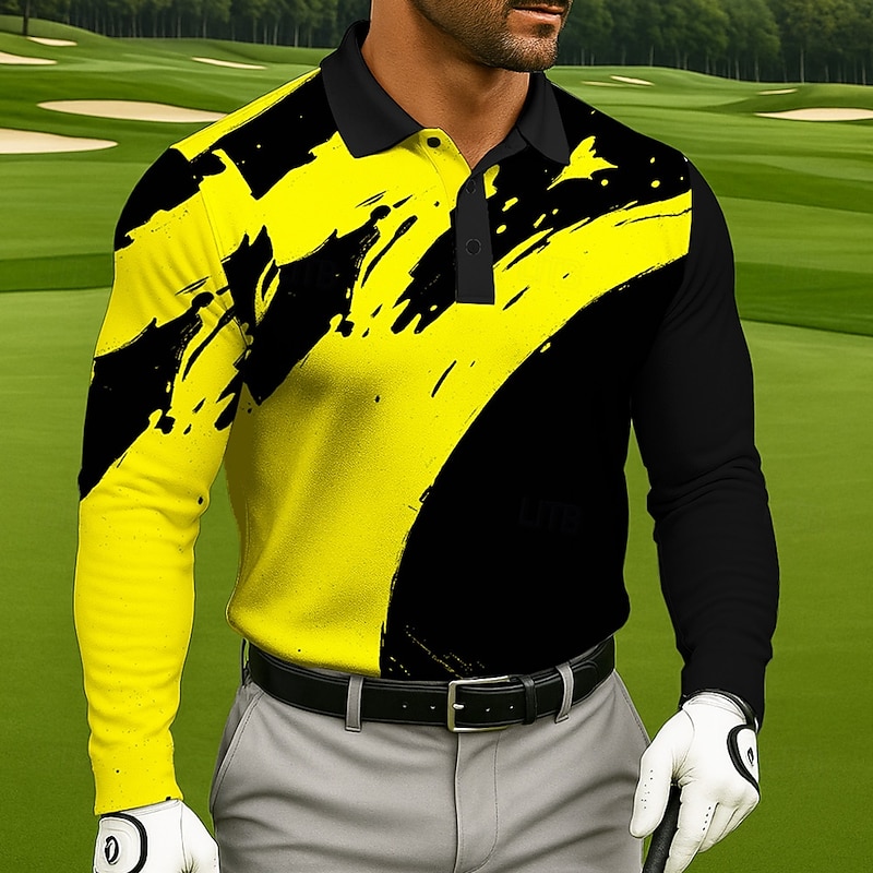 Men's Splash Ink Golf Shirt Long Sleeve Polo Shirts Collared Shirts Business Casual Athleisure Outdoor clothing Holiday Daily Wear 3D Print Buttons Spring Fall Winter White Yellow Red4