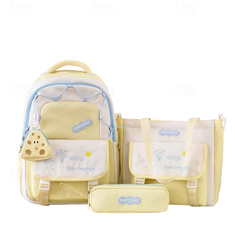 Back to School 3-Piece Yellow Backpack Set for Girls – Cute “Happy Days” School Bag with Tote, Pencil Case & Pouches – Lightweight Aesthetic Bookbag Kit