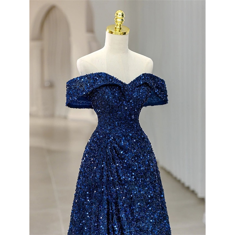 Sequin Mermaid / Trumpet Evening Gown Elegant Dress Formal Wedding Floor Length Sleeveless Off Shoulder Lace Up with Pleats2