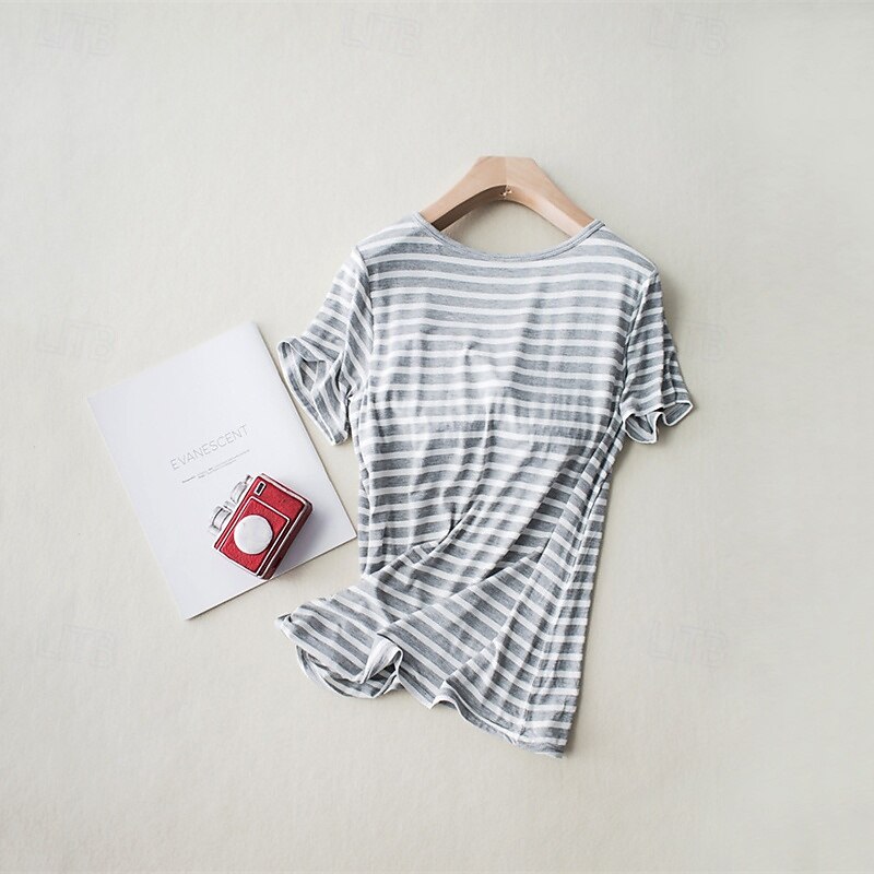 Women's Texture Blouse T Shirt Striped Fashion Modern Short Sleeve Crew Neck Regular Tops Daily Print Black Pink Gray Summer3