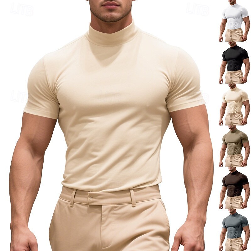Men's T Shirt Turtleneck shirt Short Sleeve Turtleneck Summer Spring All Seasons Plain Fashion Classic Casual Basic Vacation Street Casual Black White khaki Top Tee for Men