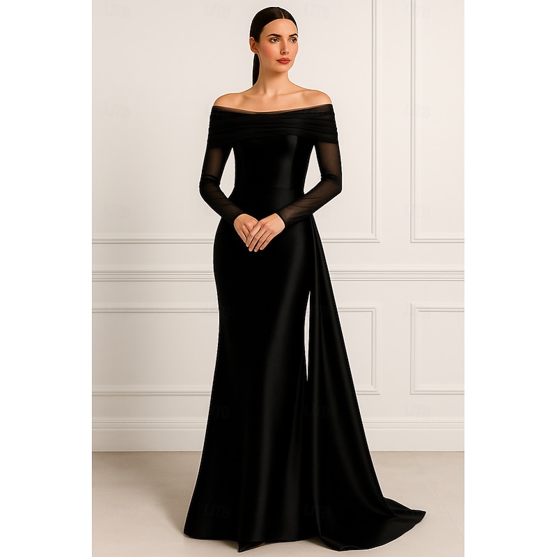 CapeBlack Column Evening Gown Elegant Dress Formal Wedding Guest  Floor Length Long Sleeve Off Shoulder Satin with Ruched Shawl3