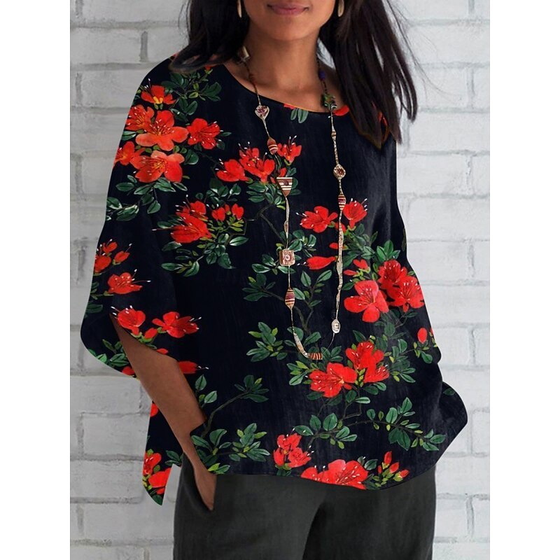 Women's Shirt Floral Daily Casual 3/4 Length Sleeve Crew Neck Regular Tops Daily Holiday Print Black Blue Apricot Summer Spring Fall2