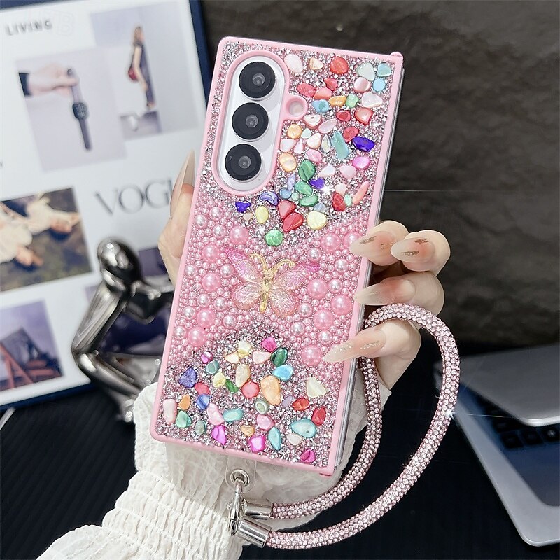Phone Case For Samsung Galaxy Z Fold 7 Z Fold 6 Z Fold 5 Z Fold 4 Back Cover with Lanyard Bling Glitter Shiny Shockproof Butterfly Retro PC4