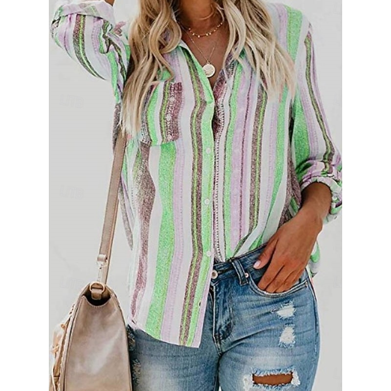Women's Shirt Button Down Blouse Striped Stylish Casual Long Sleeve Shirt Button Down Blouse Collar Regular Tops Daily Buttons Print Pink Blue Orange Green Rose Pink Summer Spring3