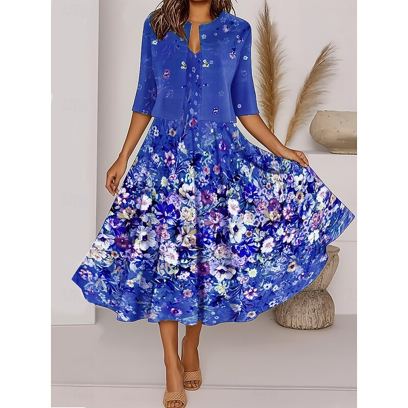 Women's Two Piece Dress Sets Midi Dress with Jacket Elegant A Line Dress Half Sleeve Casual Semi Formal Ombre Floral Print V Neck Date Red Sky Blue Green Regular Fit4