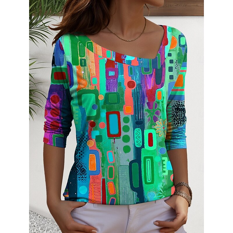 Women's T Shirt Graphic Geometric Casual Long Sleeve V Neck Regular Tops Daily Print Red Blue Purple Green Spring Fall2