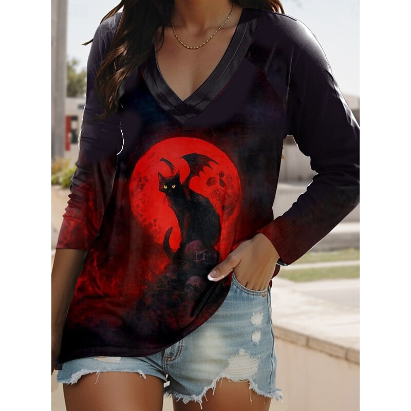 Halloween Women's T shirt Black Cat Long Sleeve V Neck Long Sleeve Graphic Casual Vintage Stylish Classic Regular Tops Daily Print Black Yellow Orange Spring Fall Prefall4