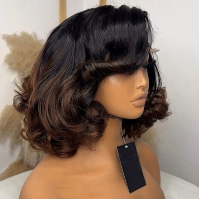 Remy Human Hair 5x5 Closure 13x4 Lace Front Wig Short Bob Brazilian Hair Loose Curl Brown Auburn Wig 130% 150% Density with Baby Hair Ombre Hair 100% Virgin Glueless Pre-Plucked For Women Short Human3
