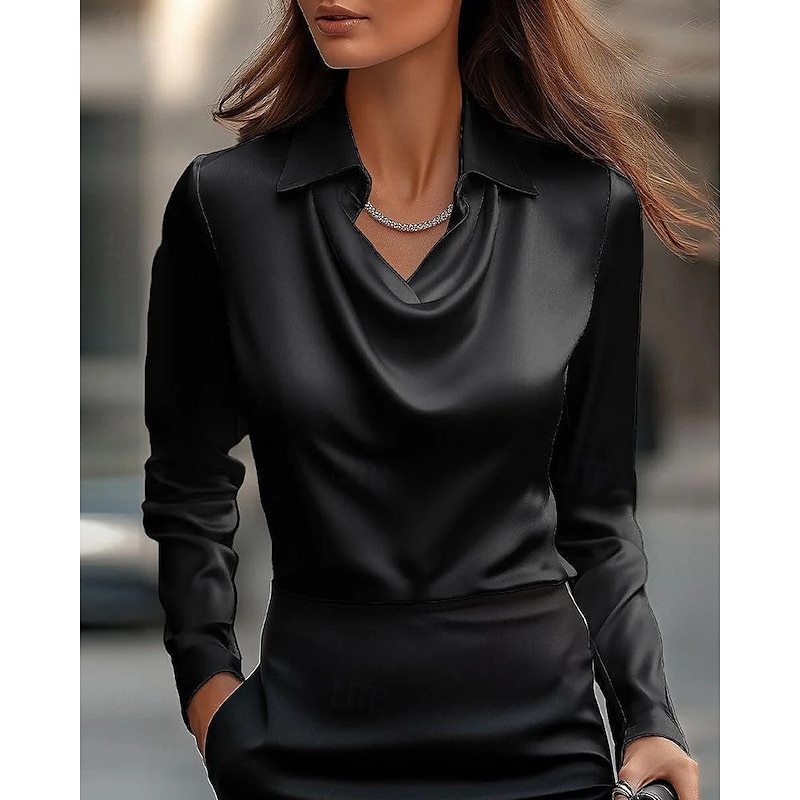 Women's Shirt Blouse Satin Plain Modern Casual Long Sleeve Shirt Collar Regular Elegant Tops Drape Neckline Daily Going out Ruched Loose Fit Black Wine Navy Blue Blue Khaki Fall4