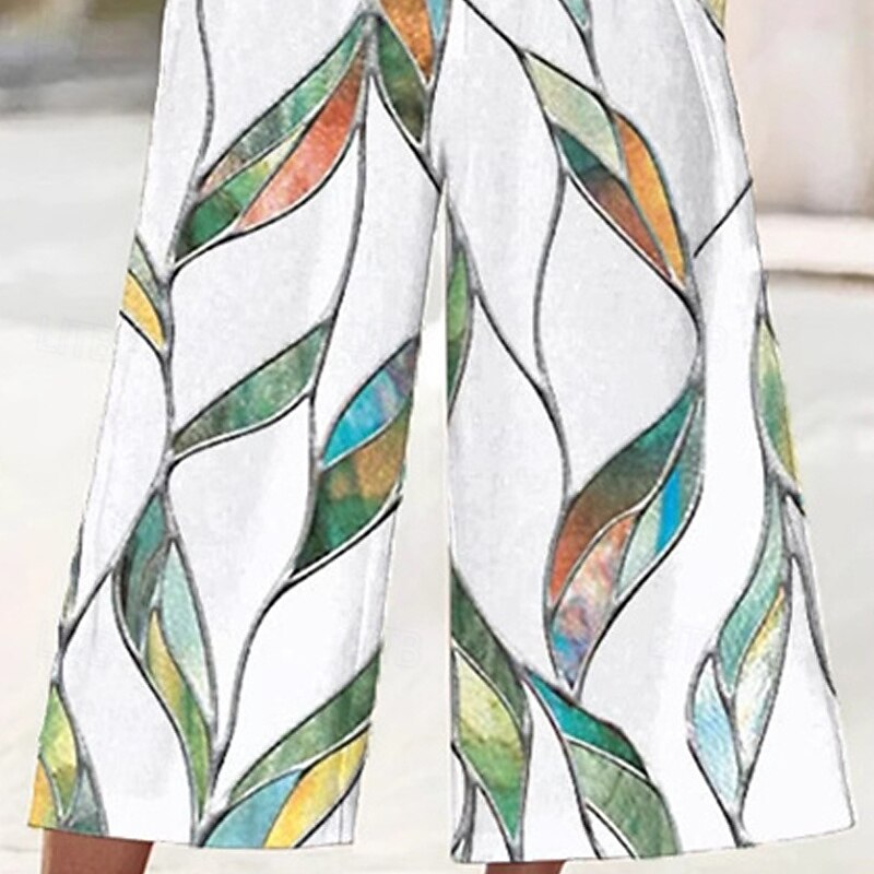 Women's Normal Jumpsuit Streetwear Print Short Sleeve Wide Leg V Neck Pocket Street Daily Regular Fit White Summer3