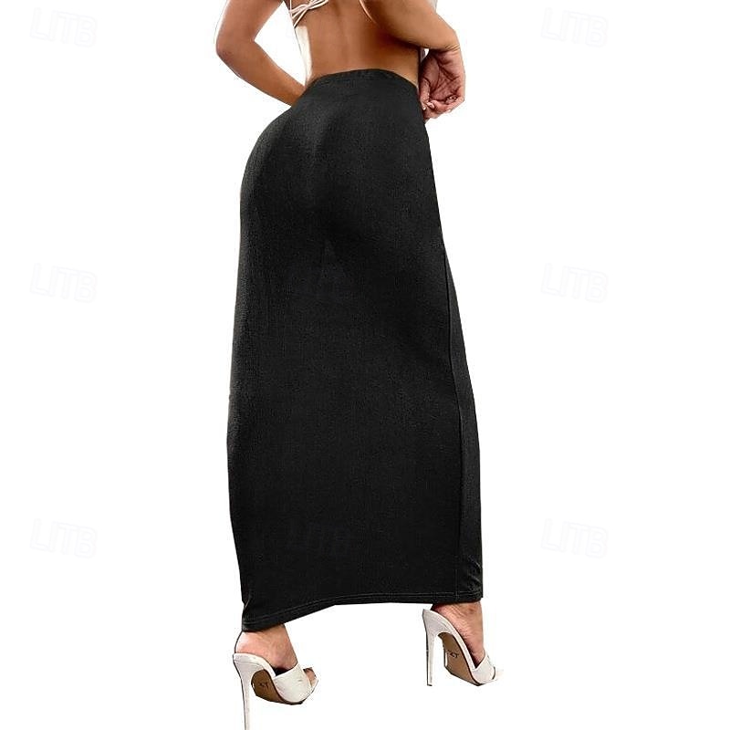 Women's Skirt Bodycon Casual Maxi Mid Rise Skirts Plain Micro-elastic Vacation Going out Black Almond Pink Brown Fall Polyester4