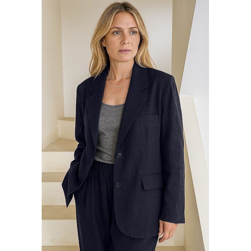 Women's Linen  Tencel Blazer Breathable Pocket Buttons Elegant Vintage Fashion Daily Solid Color Formal Office / Career Casual Single Breasted Regular Notch Lapel Loose Fit Long Sleeve Outerwear Navy