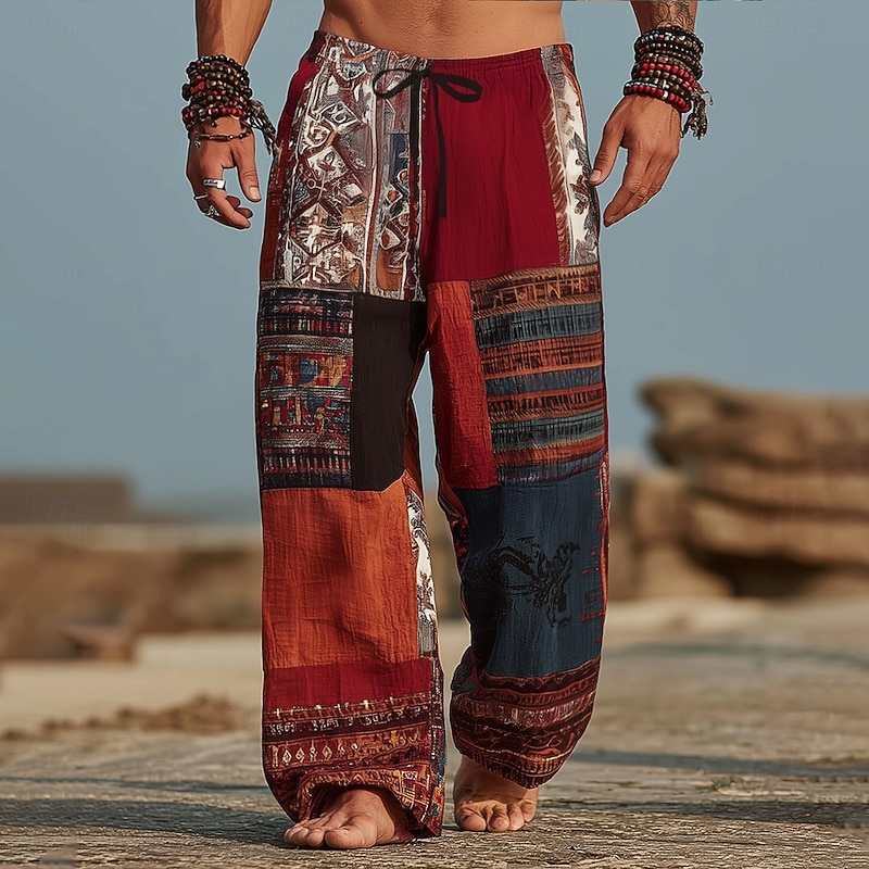 Men's Color Block Patchwork Trousers Baggy Pants Casual Pants Mid Waist Vintage Retro Outdoor Vacation Elastic Drawstring Waist Linen-Like Pants with Pockets Summer Spring 3D Print Wine