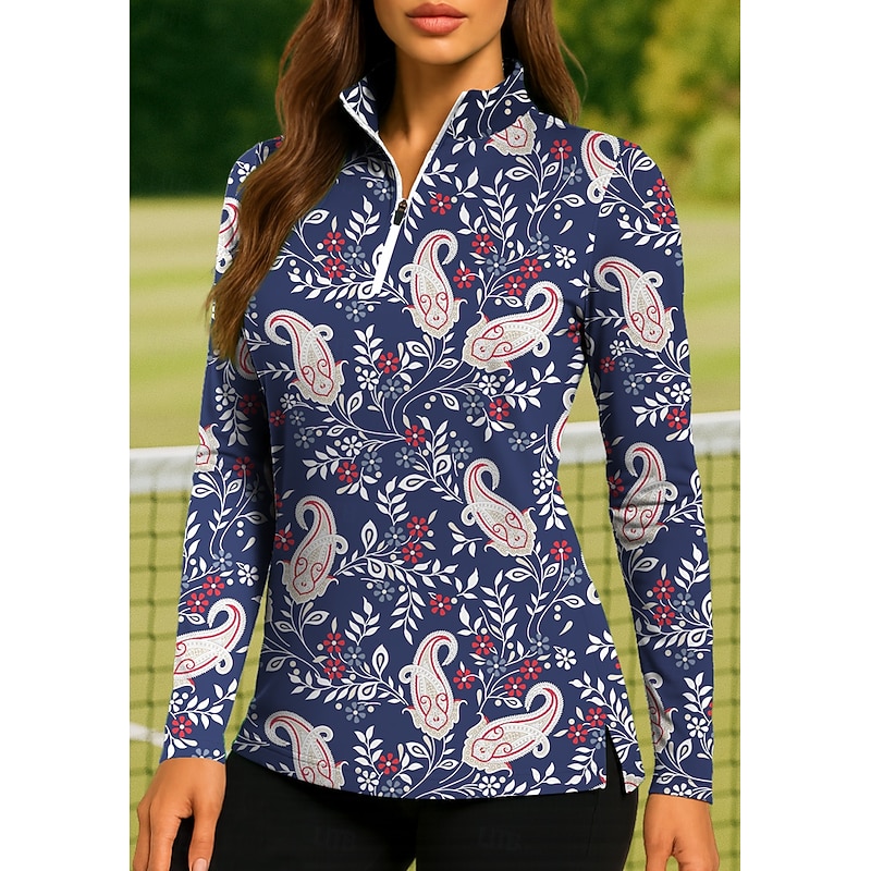 Women's Golf Polo Shirt Tennis Shirt Tennis Tee Long Sleeve Print Quarter Zip Pullover UV Protection Elastic Breathable Volleyball Tennis Golf Zip Collar Shirt Polo Dark Navy Tennis Clothing3