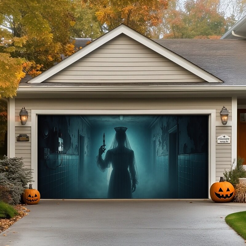 Halloween Garage Door Cover Banner Backdrop – Shadow Figure in Fog, Oversized Garage Door Decoration, Easy to Hang with Adhesive Hooks or Rope, Outdoor Decoration for 2025 Halloween2