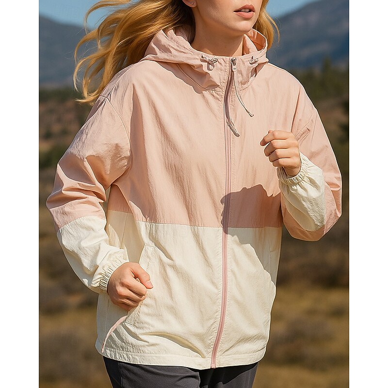 Women's Running Jacket Outdoor Jacket Hooded Jacket Drawstring Zipper Pocket Long Sleeve Top Athleisure Patchwork Windproof UPF 50+ Breathable Fishing Hiking Running Sportswear Activewear White Pink4