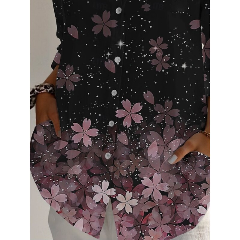 Women's Shirt Floral Active Daily Stylish Long Sleeve Shirt Collar Regular Tops Daily Holiday Buttons Print Black Spring Fall3