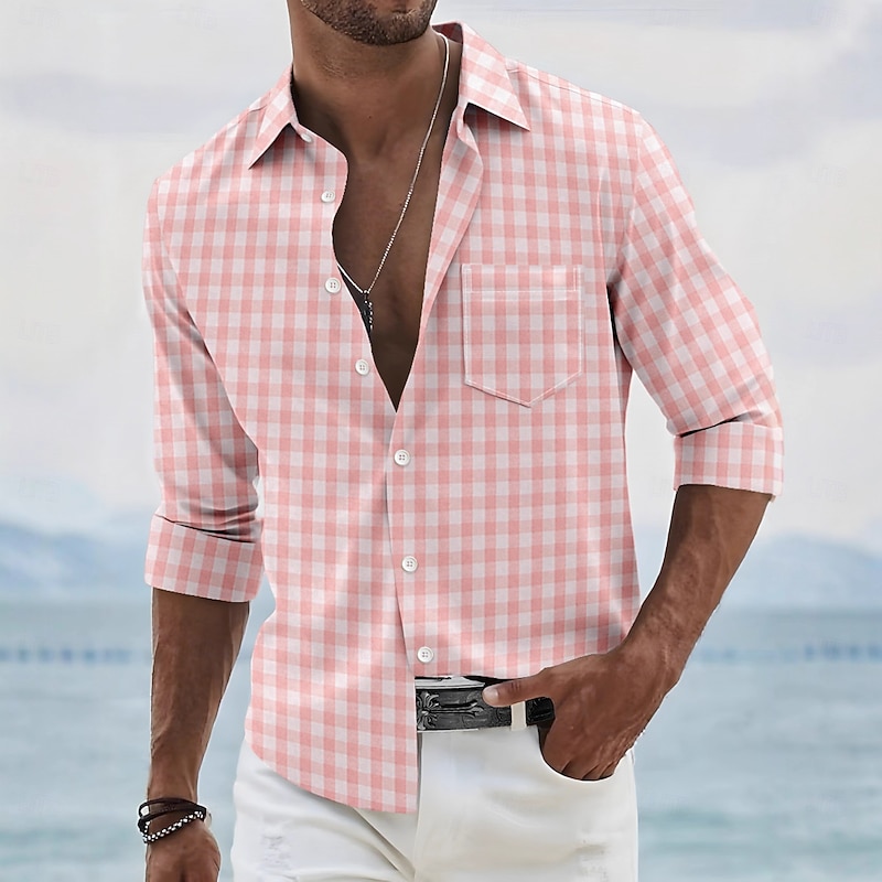 Men's Summer Shirt Casual Shirt Beach Shirt Button Up Shirt Black Yellow Pink Red Sky Blue Long Sleeve Plaid / Check Lapel Vacation Hawaiian Button-Down Clothing Apparel Polyester Fashion Casual