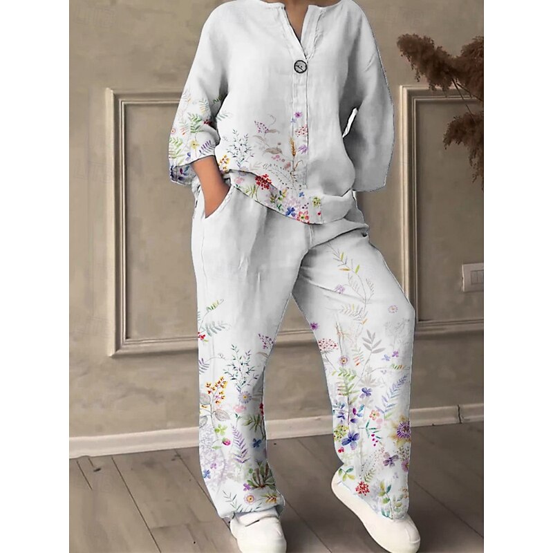 Women's Active Fashion Pants Sets Long Sleeve V Neck Floral Print Vacation Daily Holiday Black White Green Summer Regular Fit2