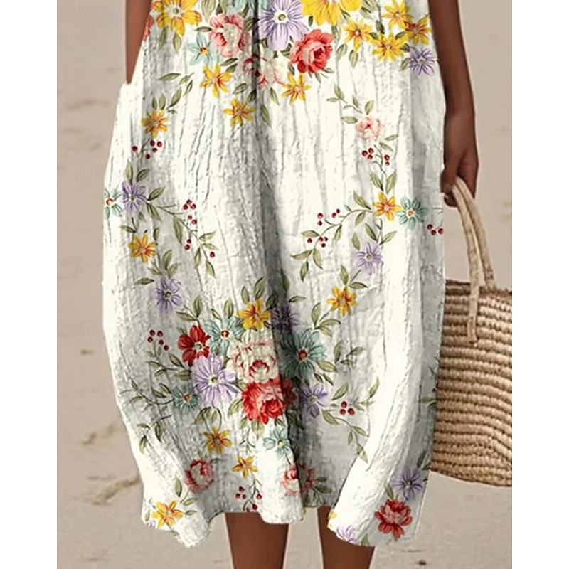 Women's Midi Dress Casual Dress Summer Dress Fashion Modern Daily Beach Weekend Regular Fit Flower Sleeveless Crew Neck White Yellow Fall3