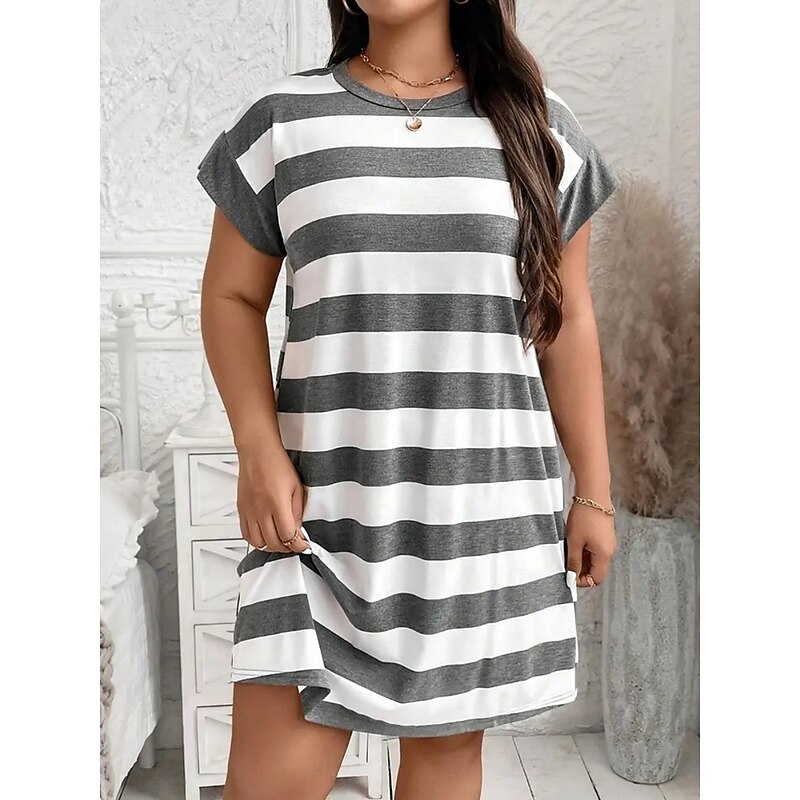 Women's Plus Size Casual Dress Striped Crew Neck Short Sleeve Summer Spring Fashion Modern Casual Mini Dress Daily Holiday Dress4