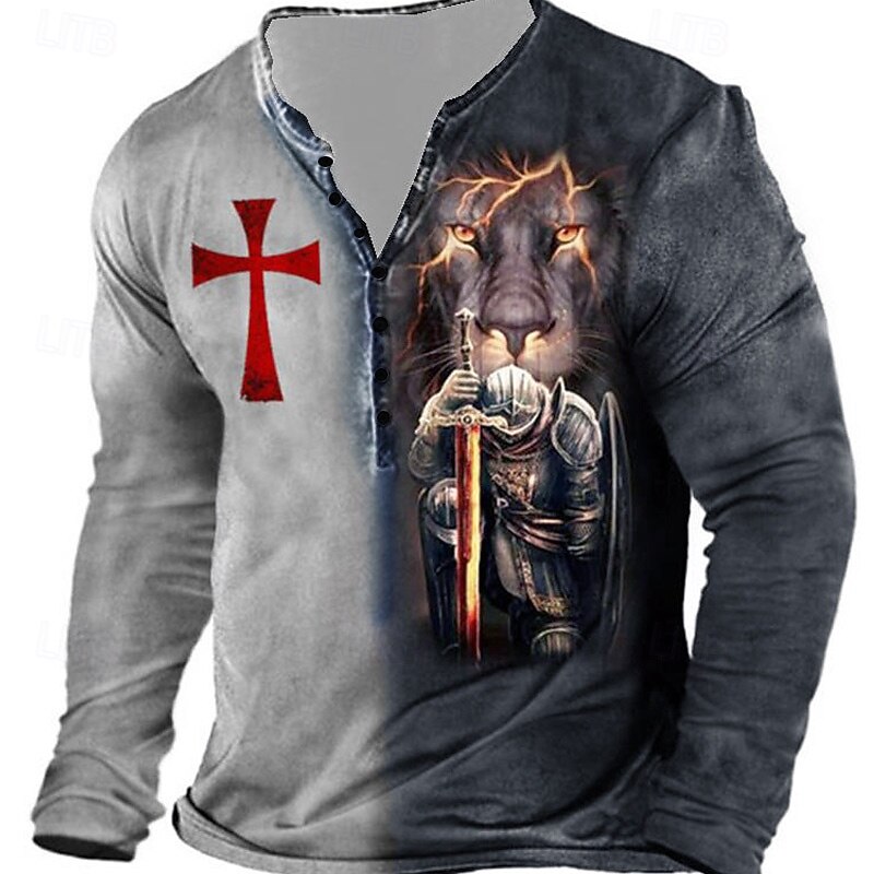 Men's Halloween Graphic Templar Cross Cross T Shirt Henley Shirt Tee Long Sleeve 3D Print Designer Basic Classic Outdoor Daily Sports Spring & Summer Yellow Blue Purple Gray Henley Henley T-Shirt