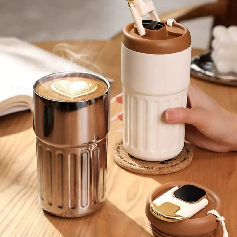 Coffee Thermos With Temperature Display Stainless Steel Insulated Travel Mug High Aesthetic Portable Water Bottle for Women Leakproof Hot Cold Flask Cup