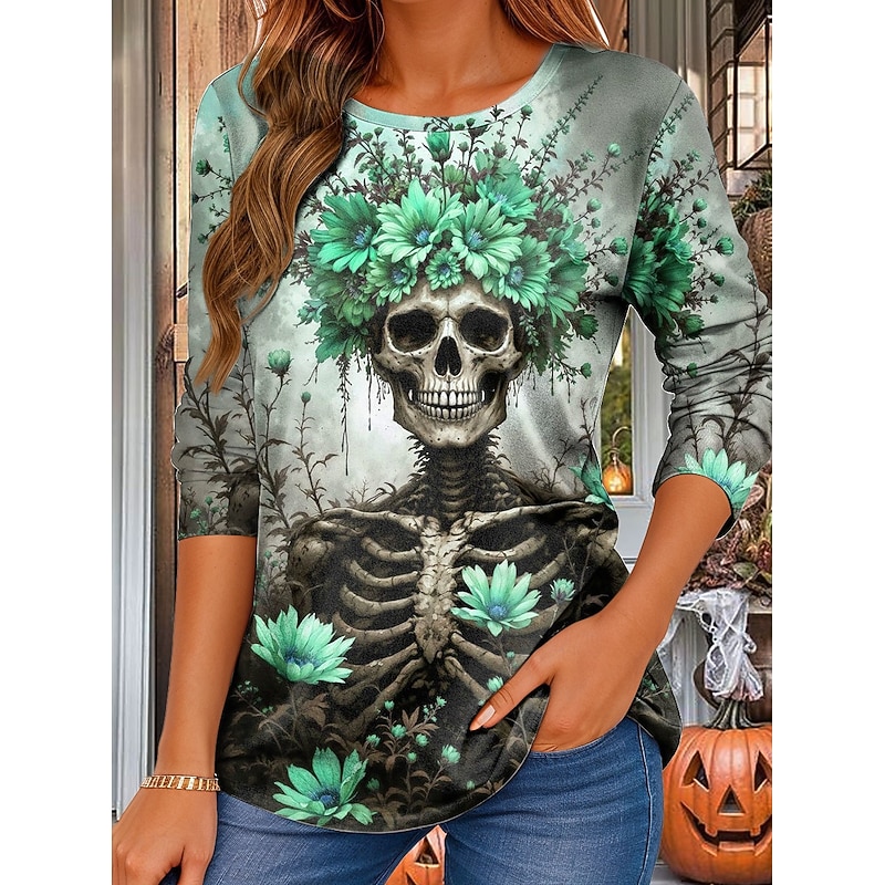 Halloween Women's T Shirt Skulls Crew Neck Long Sleeve Tunic Floral Graphic Vintage Stylish Regular Tops Daily Print Pink Purple Orange Green Fall3
