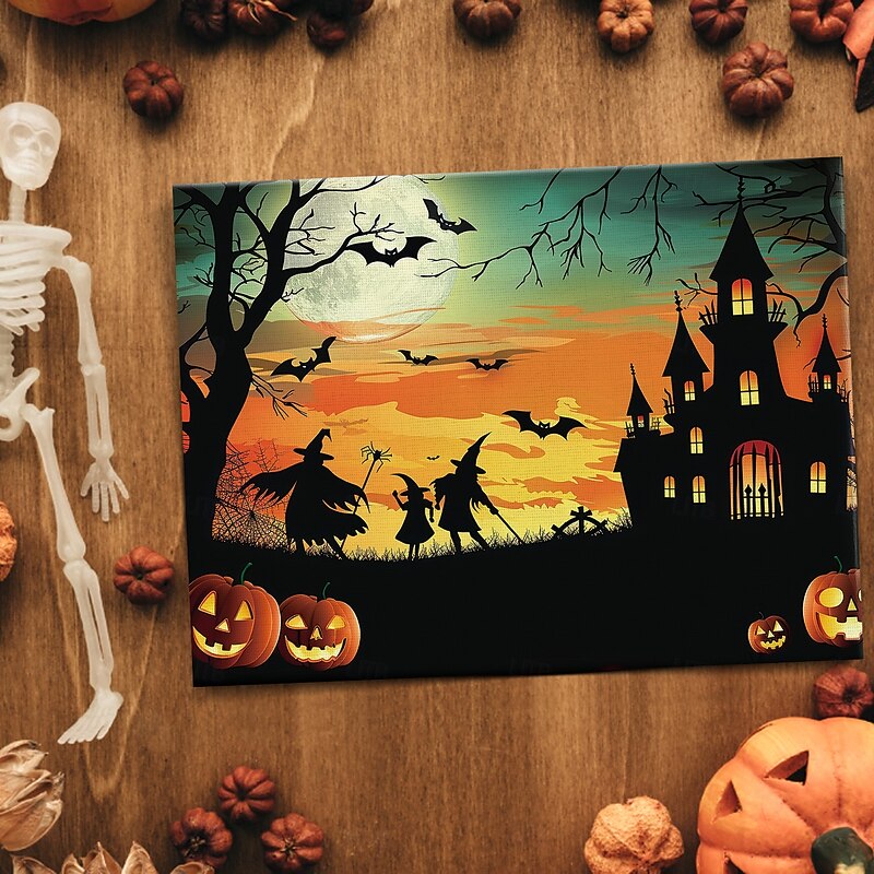 Halloween Haunted House Silhouette LED Canvas Wall Art - Battery Operated Lighted Wall Decor for 2025 Halloween home decoration light livingroom and bedroom2