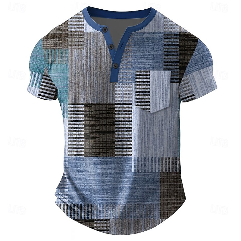 Men's Patchwork T Shirt Henley Shirt Short Sleeve T shirt 3D Print Henley Shirt Designer Retro Vintage Street Casual Daily Pink Blue Green Summer Spring All Seasons Clothing Apparel S M L XL 2XL 3XL2