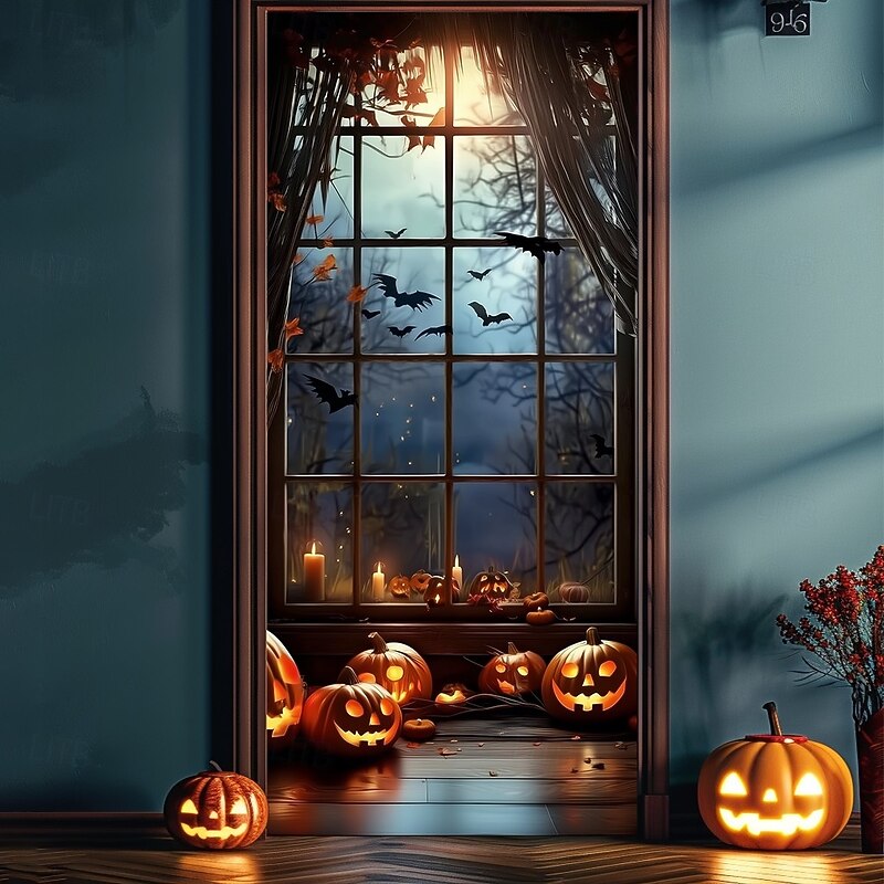 Halloween Door Cover – Haunted House Corridor with Blue Moonlight, Spooky Entrance Banner, Scary Outdoor 2025 Halloween Decoration for Bedroom, Living Room, Bathroom2