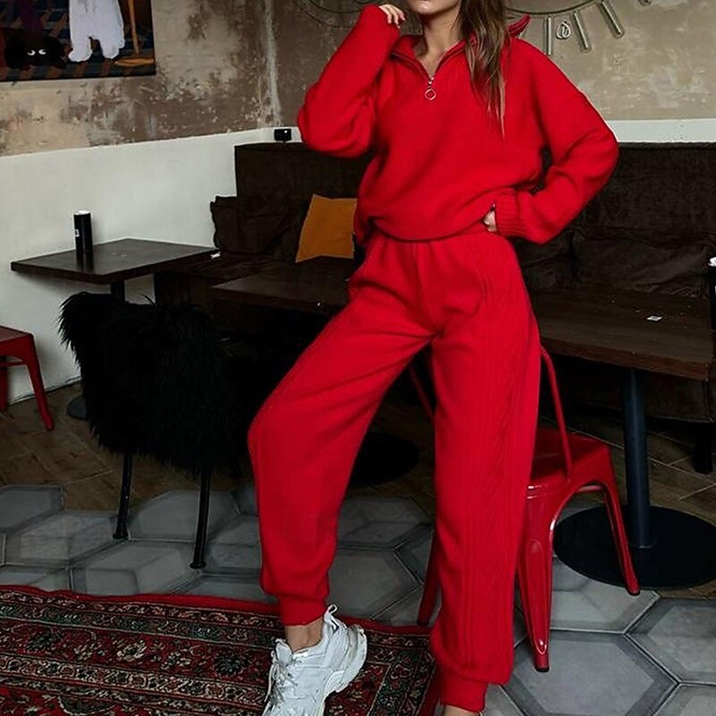 Women's Sweatpants Knitted Suit Quarter Zipper Solid Colored Clothing Suit Fall & Winter White Red Gym Training Running High Waist Windproof Moisture Wicking Long Sleeve Sport Activewear Micro-elastic4