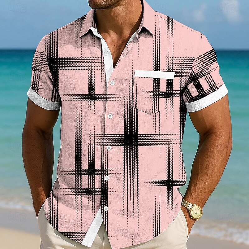 Men's Geometric Grid / Plaid Shirt Summer Shirt Button Up Shirt Short Sleeve Fashion Casual Vacation Holiday Streetwear Summer Turndown 3D Print Front One Pocket Linen Like Shirt White Pink Blue Gray3