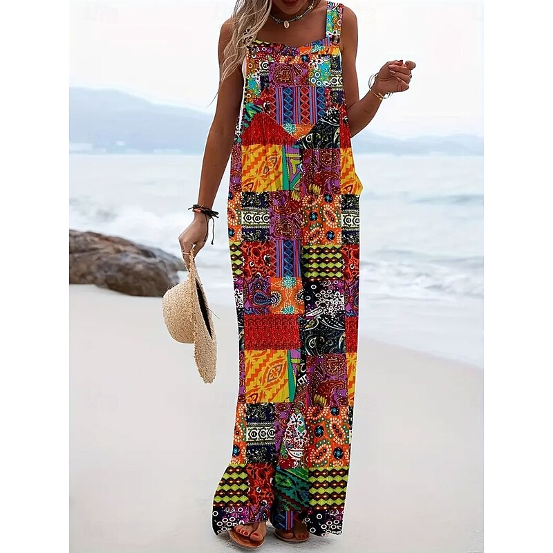 Women's Dungarees Active Floral Sleeveless Wide Leg Pocket Vacation Street Loose Fit Red Blue Purple Summer3