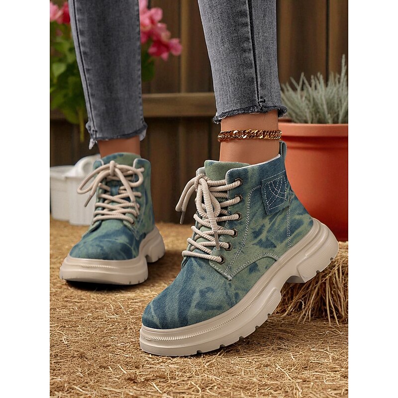 Women's Tie-Dye Denim Combat Boots – Chunky Lace-Up Streetwear Ankle Boots for Fall Hiking, Farm Days & Urban Outfits4