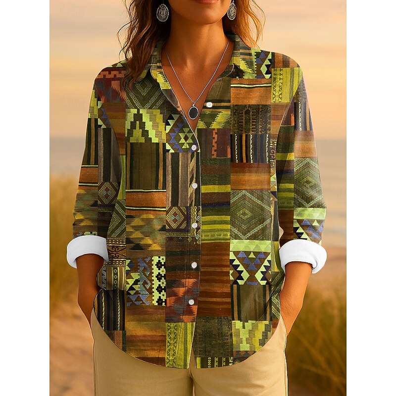 Women's Shirt Button Down Tunic Shirt Collar Long Sleeve Graphic Geometric Striped Vintage Tropical Daily Regular Tops Work Daily Patchwork s Print Red Blue Purple Orange Spring3